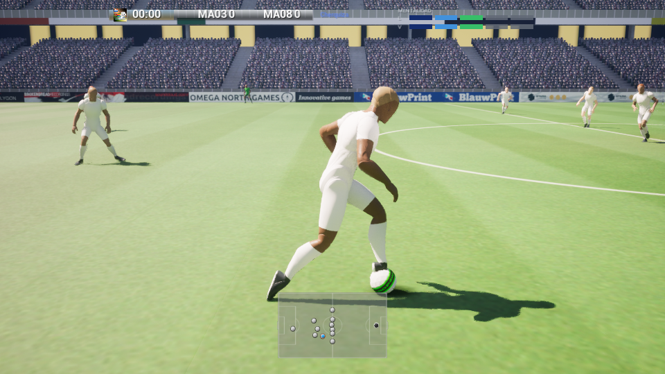 Futbolista controlando el balón sobre el césped de un estadio, en una versión de desarrollo de VX Football
